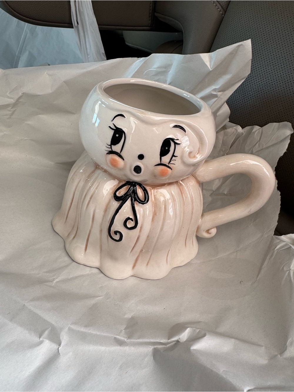 Johanna Parker Cream Ceramic Halloween Ghost coffee mug with Bow Accent